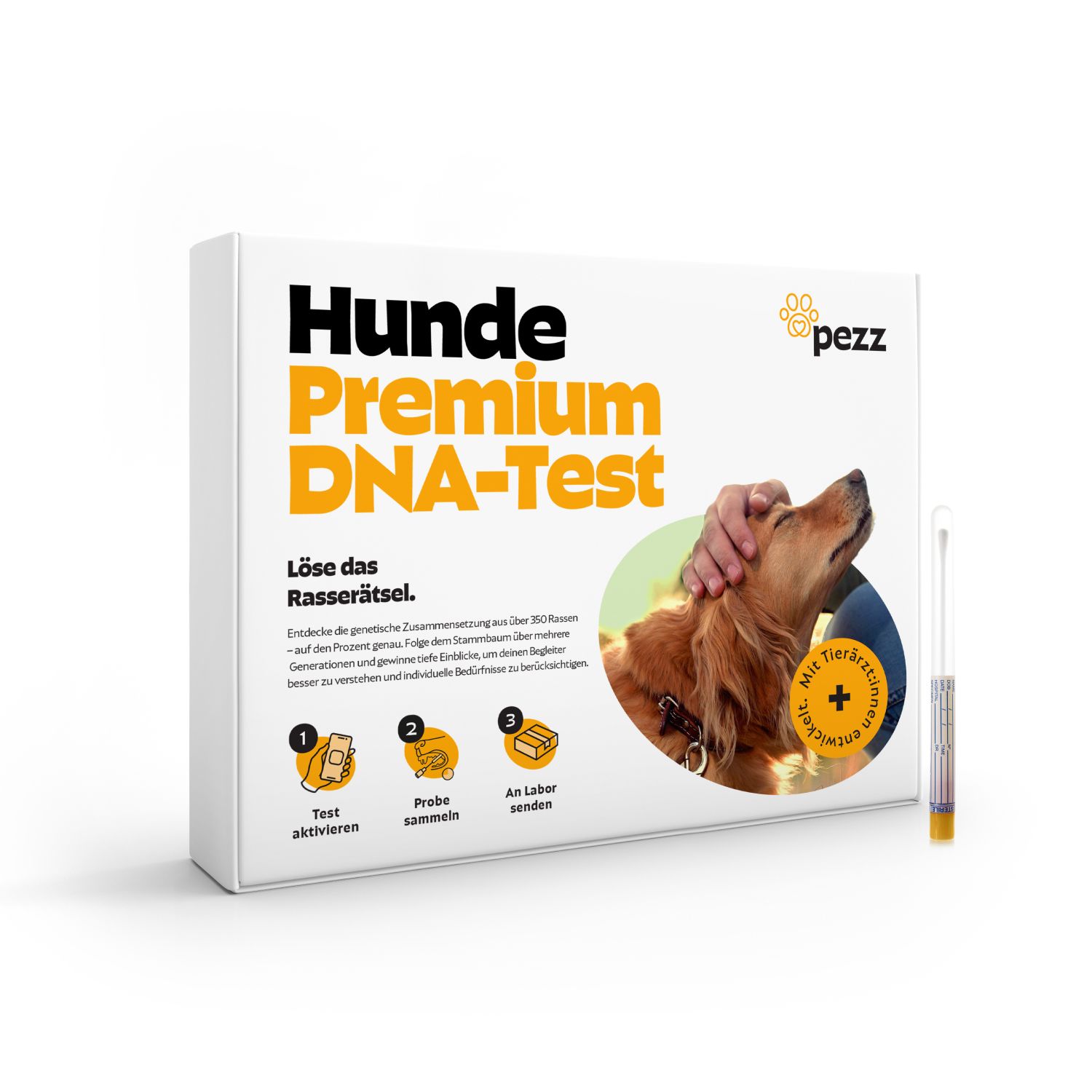 Weiße Box mit "Hunde Premium DNA-Test"-Schriftzug. Rechts ein Teströhrchen. Logo "pezz".