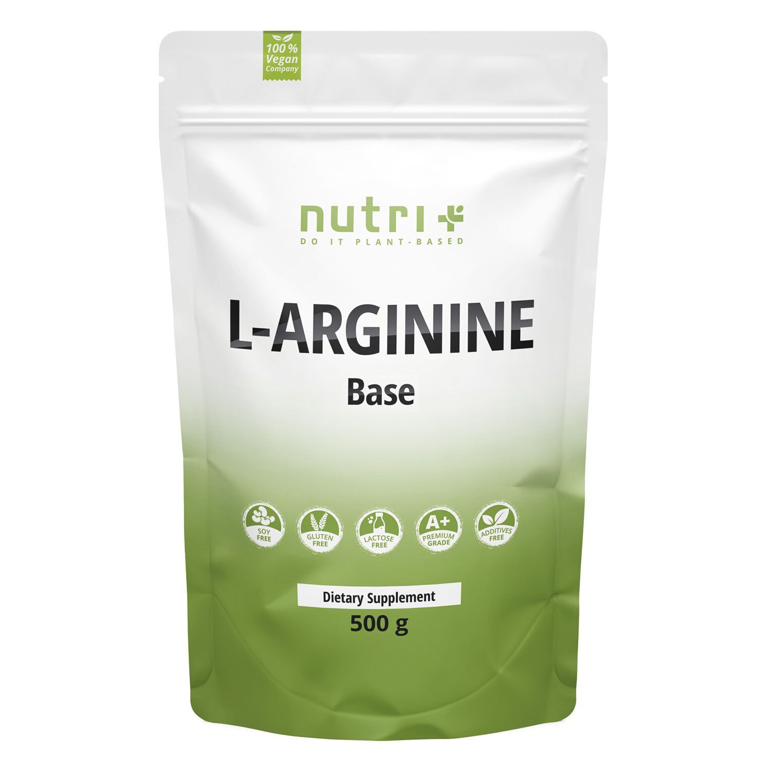 Sachet de poudre blanche. Inscription : L-Arginine Base, 500g. Logos : sans gluten, végétalien, A+ Grade.