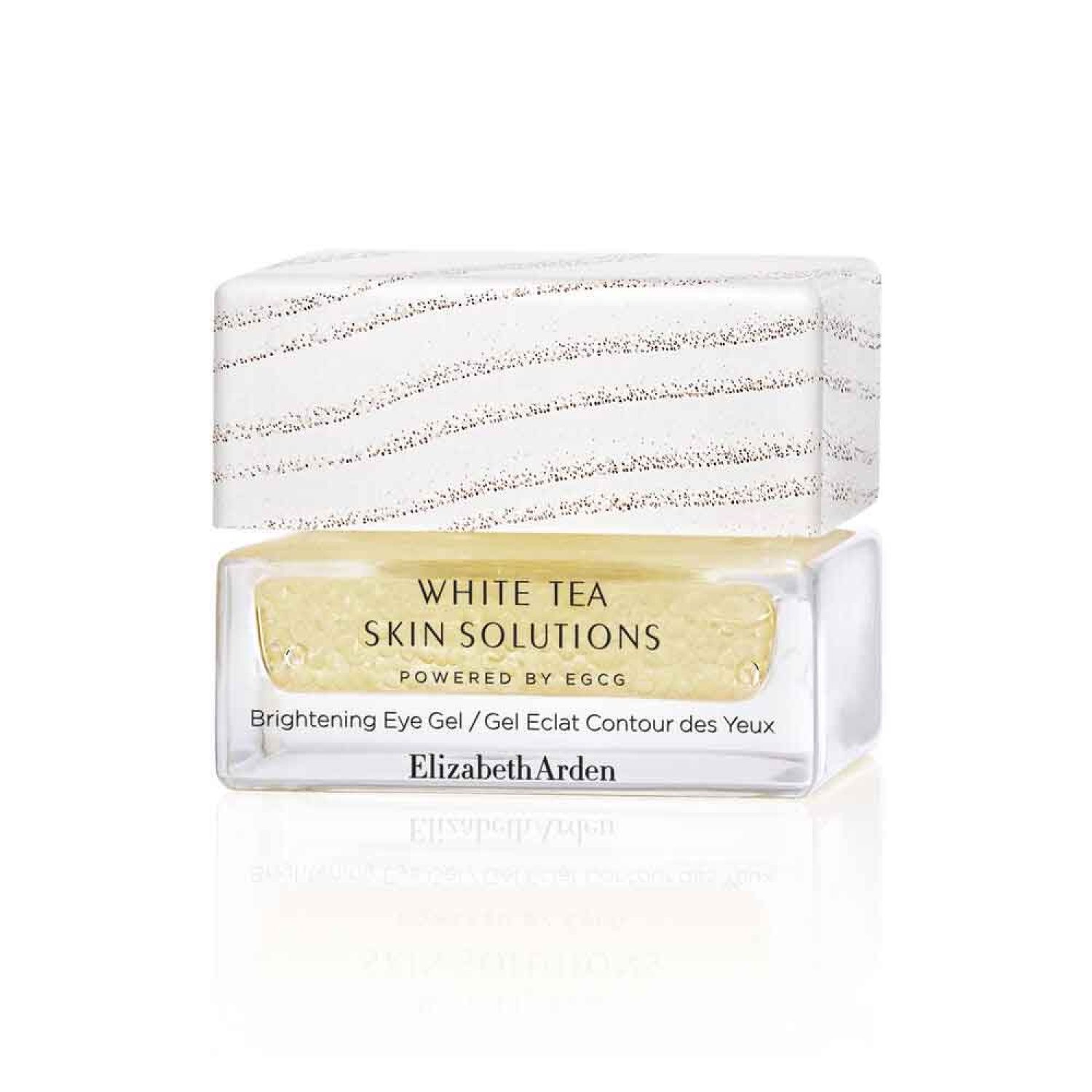 Klarer Tiegel mit weißem Deckel. Aufschrift: White Tea Skin Solutions Brightening Eye Gel von Elizabeth Arden.