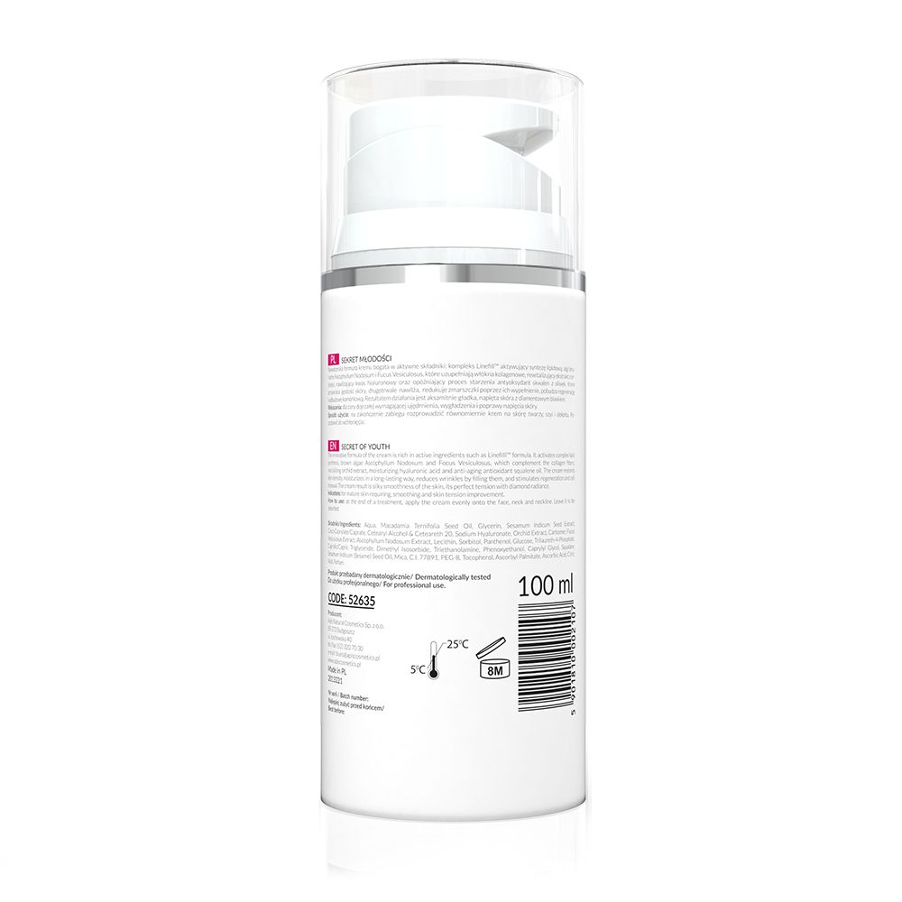 Rückseite einer weißen Creme-Flasche. Text in mehreren Sprachen. Barcode und 100 ml Angabe. Temperatur- und Haltbarkeitssymbole.