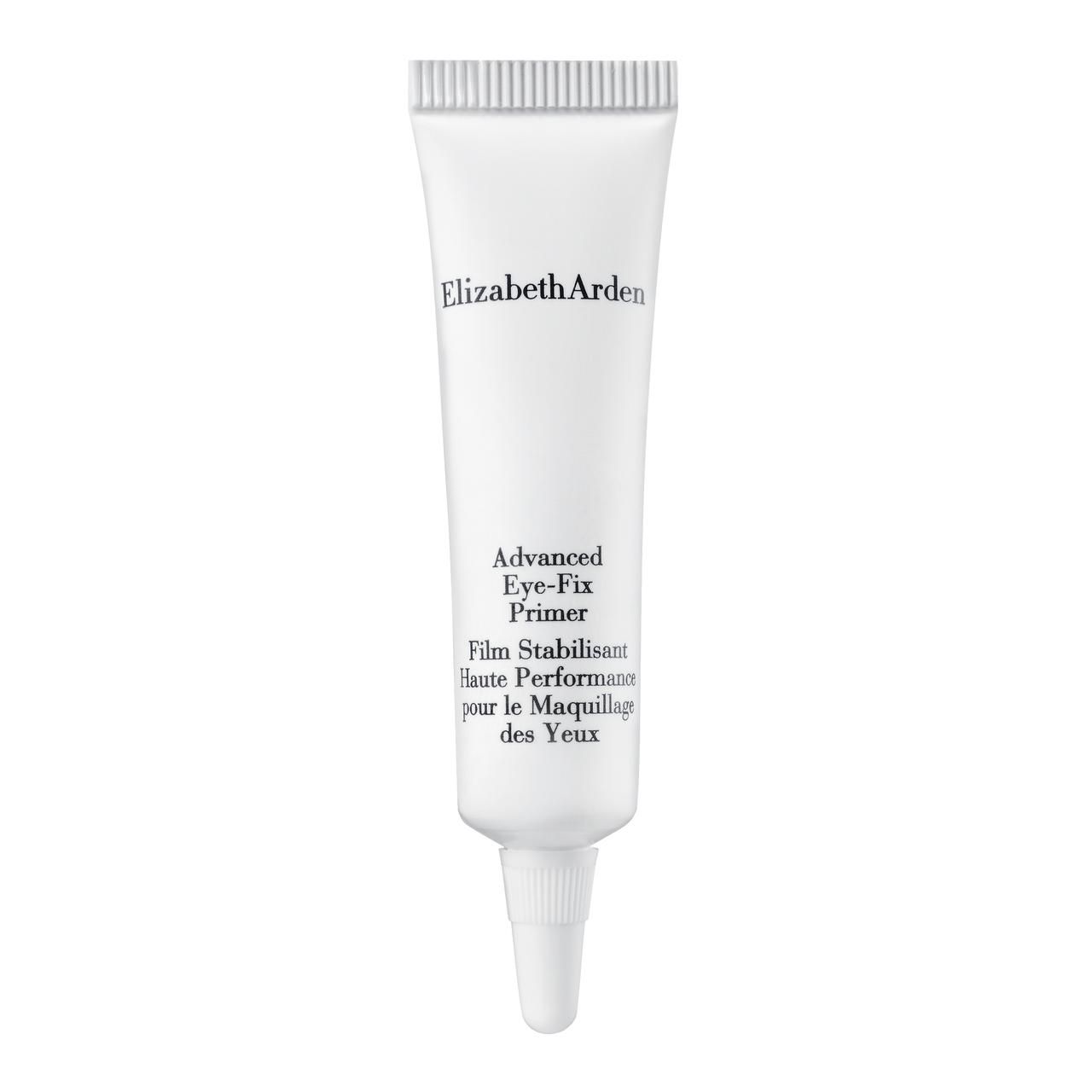 Weiße Tube mit Elizabeth Arden-Logo und Produktbezeichnung. Text: Advanced Eye-Fix Primer, Film Stabilisant, pour le Maquillage des Yeux.