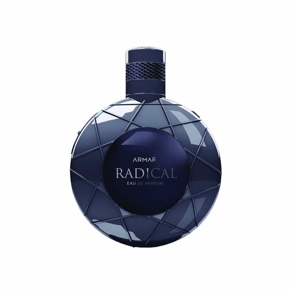 Runder, dunkelblauer Flakon mit geometrischem Design. Aufschrift: ARMAF RADICAL Eau de Parfum.