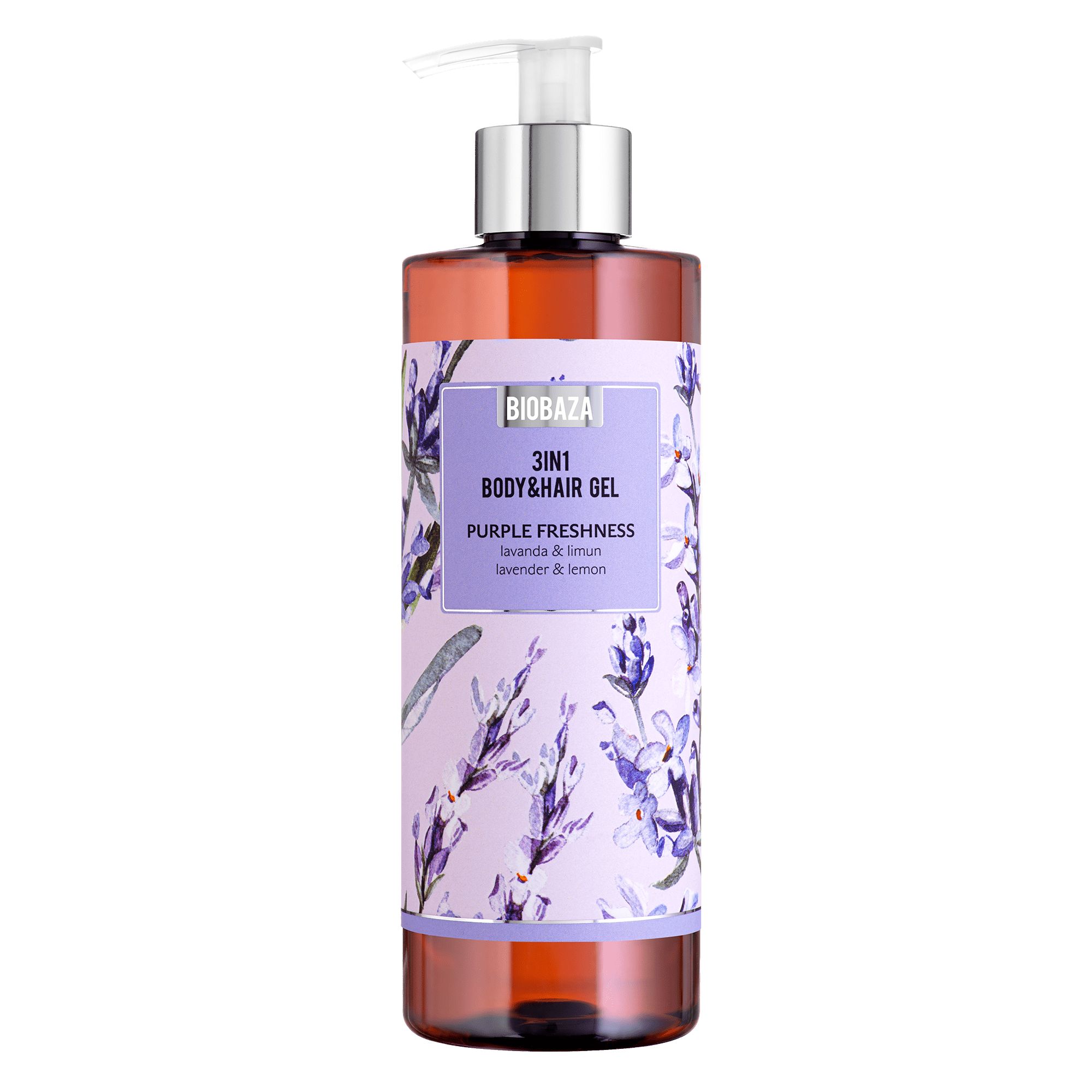 Flasche mit lila Etikett. Aufschrift: 3in1 Body & Hair Gel, Purple Freshness. Mit Dosierpumpe. Lavendel- und Zitronen-Duft.