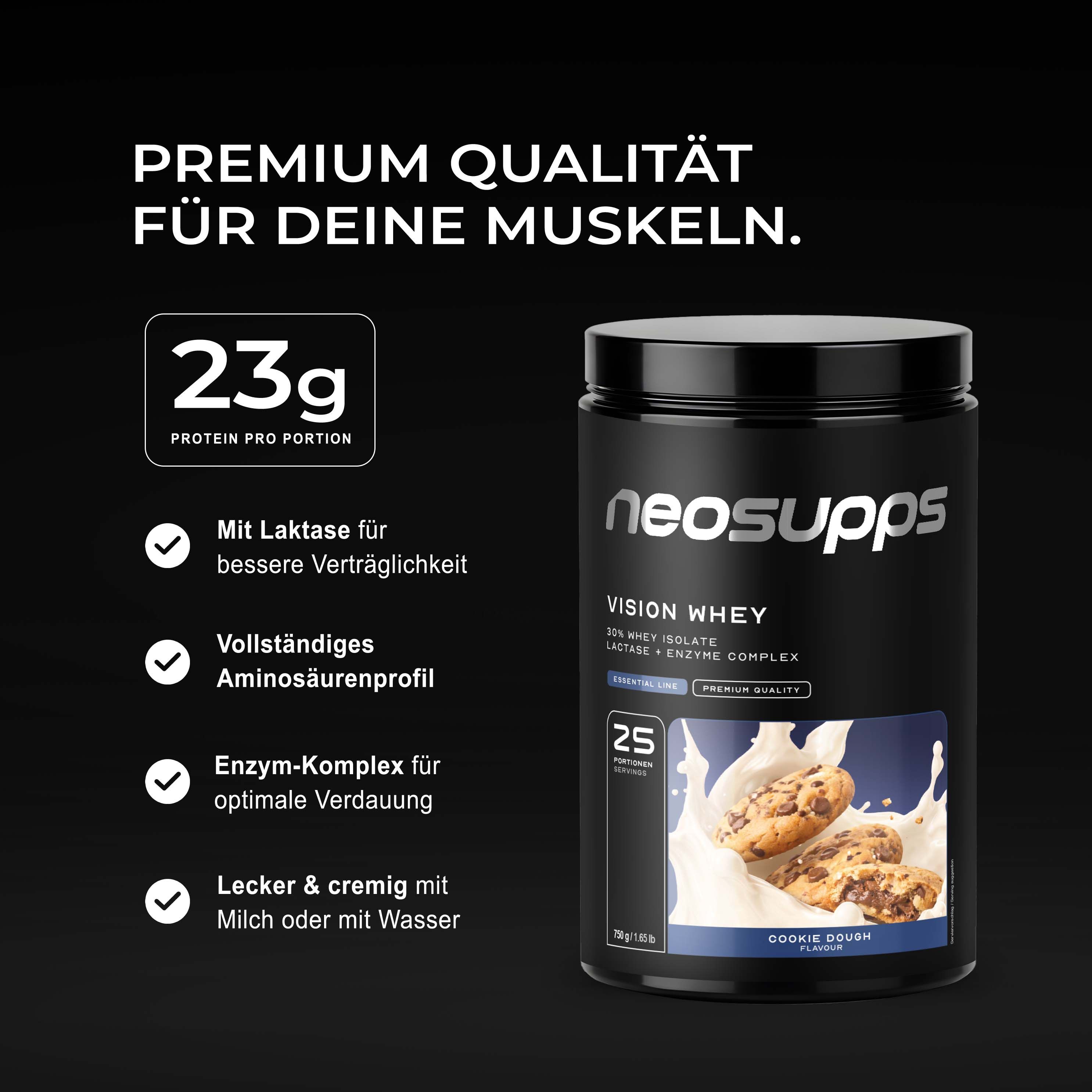 Neosupps Vision Whey Protein Dose mit Text und Icons zu Vorteilen.