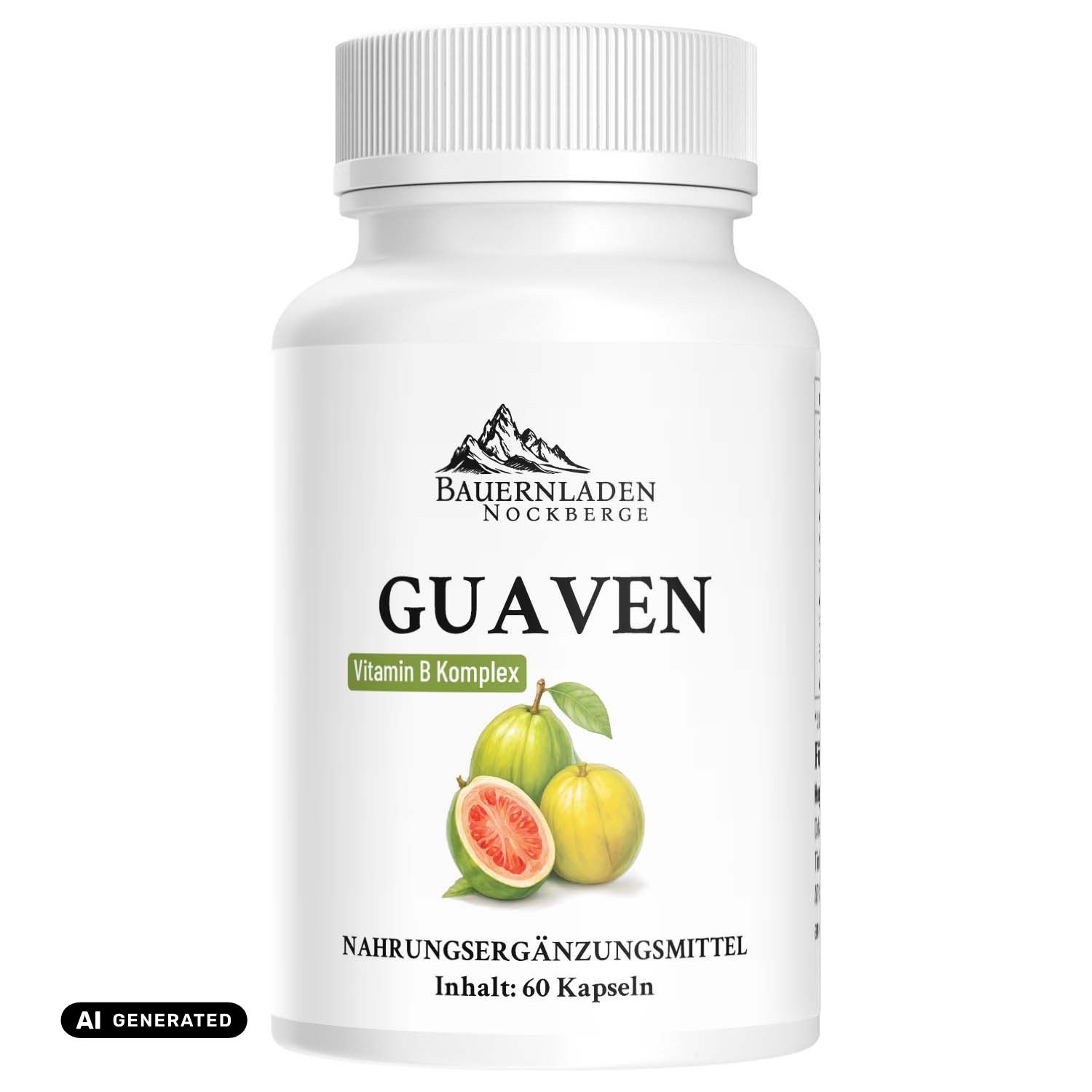 Flasche Guaven Vitamin B Komplex mit Nährwertangaben und Herstellerinformationen.