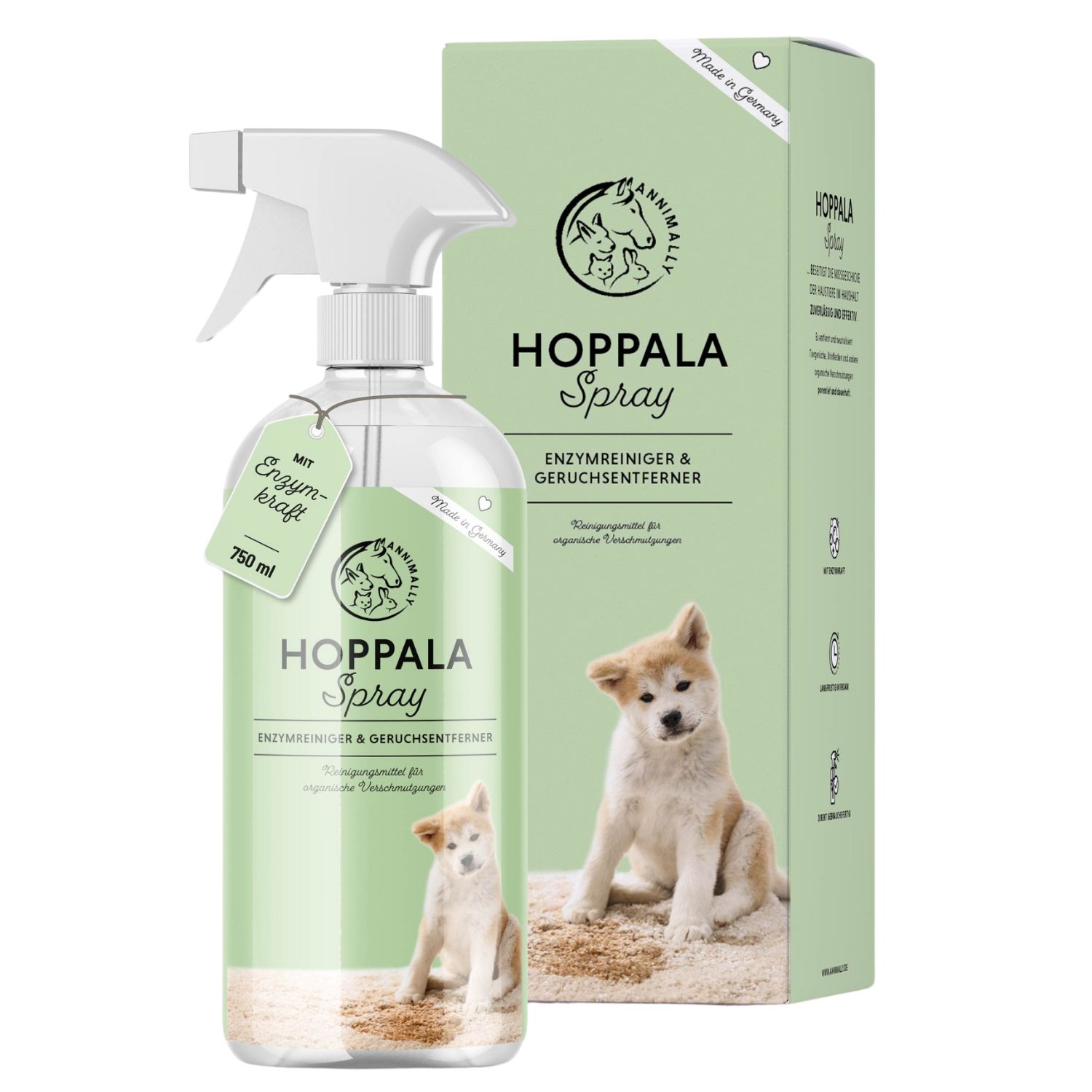 Produktflasche und Verpackung von "Hoppala Spray". Auf der Flasche und Verpackung ist ein Hund abgebildet. Mit Enzym-Kraft.