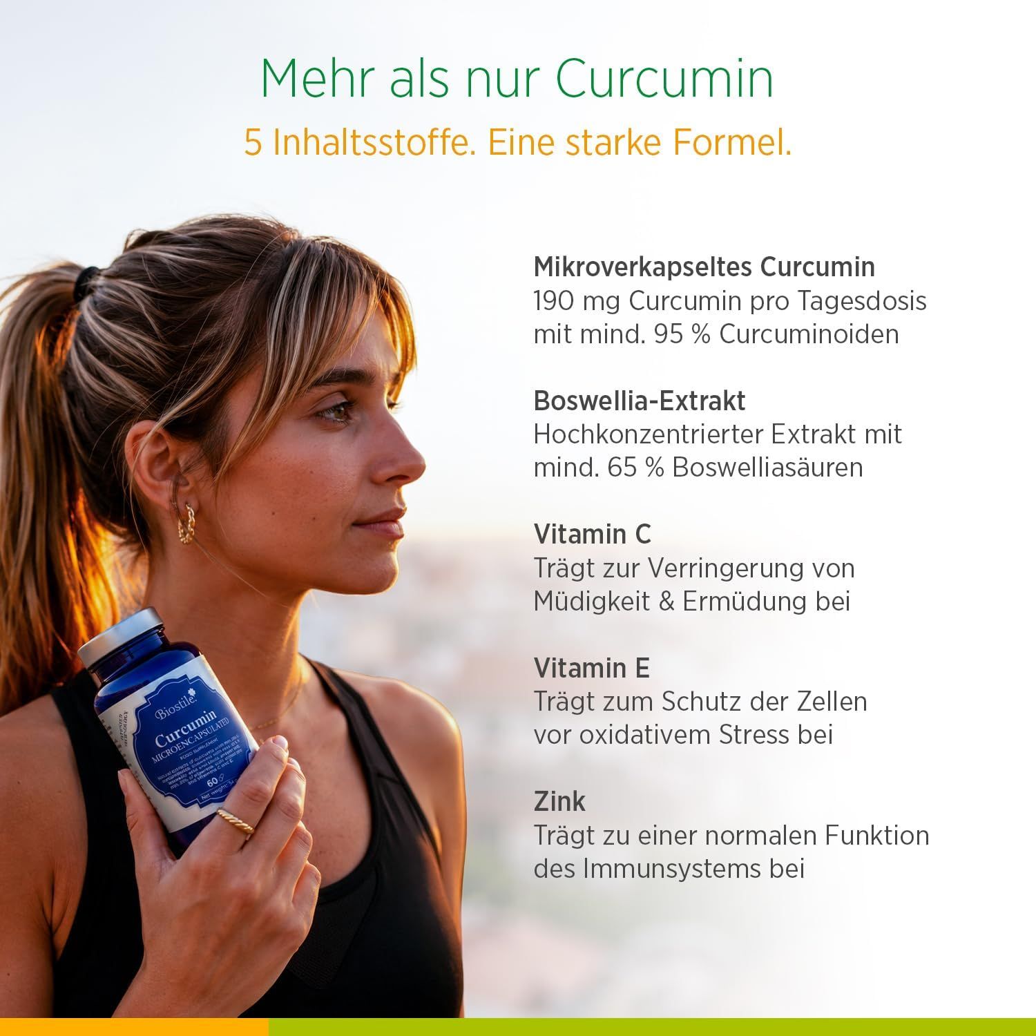 Frau hält eine blaue Flasche mit Curcumin-Kapseln. Text listet Inhaltsstoffe auf.