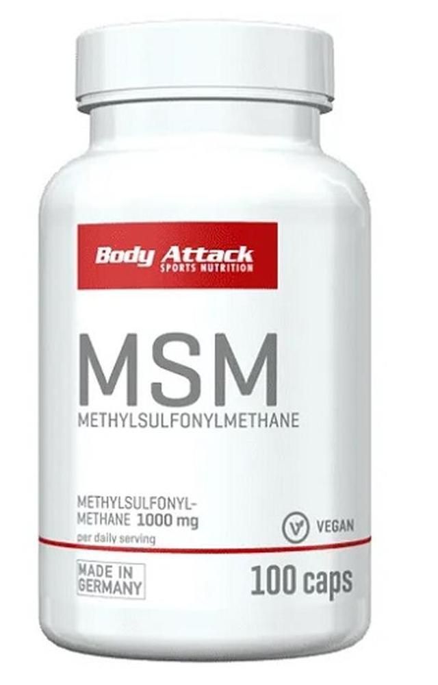 Weiße Flasche mit rotem Etikett. Aufschrift: Body Attack MSM, Methylsulfonylmethane, 100 Kapseln, Vegan.