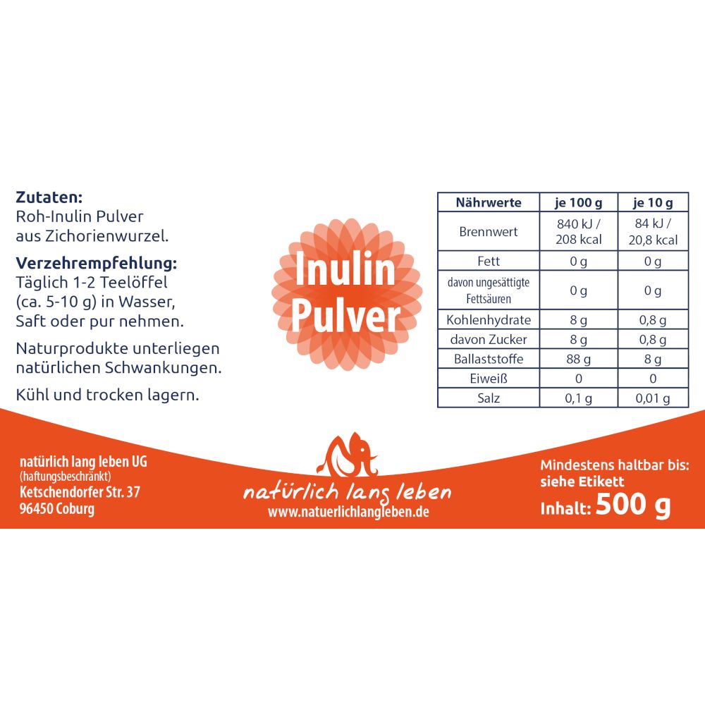 Etikett mit Inhaltsstoffen und Nährwerttabelle. Produktname und Logo. Text: natürlich lang leben. Inhalt: 500 g.