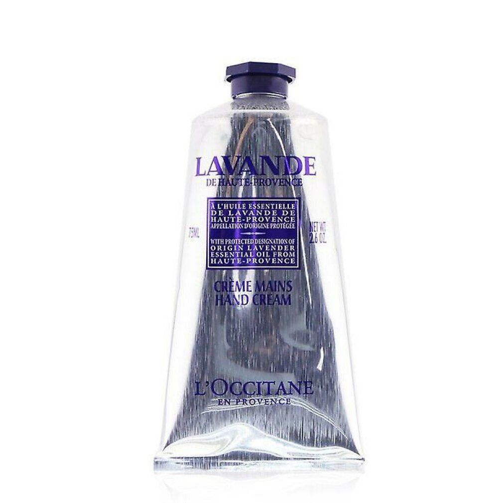 Transparente Tube mit lila Aufdruck. Text: Lavande, Crème Mains Hand Cream, L'Occitane en Provence. Schwarzer Deckel.