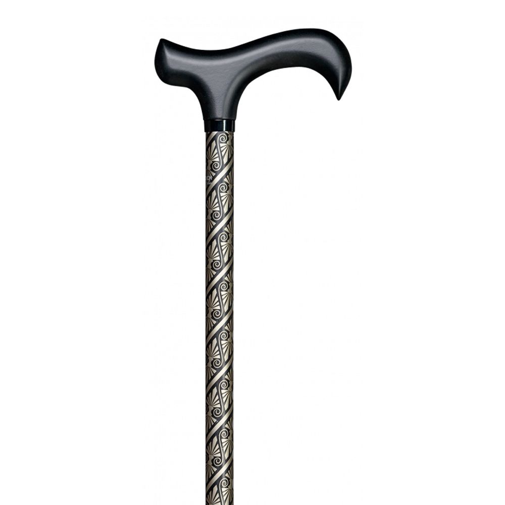 Gehstock mit schwarzem Derbygriff und silberfarbenem, spiralförmig verziertem Schaft. Der Griff ist ergonomisch geformt.