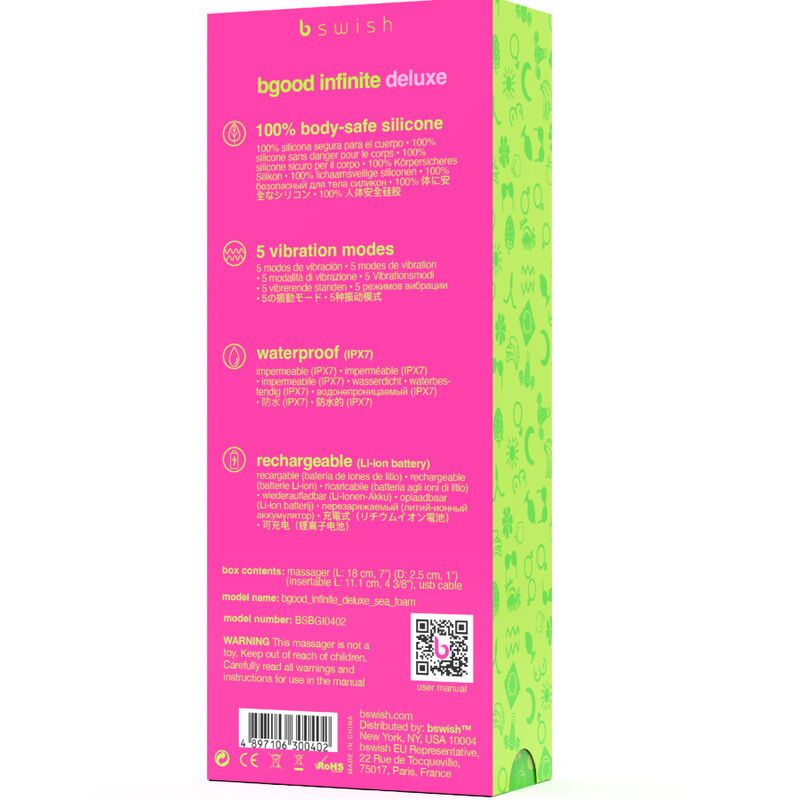 Verpackung mit Produktinformationen. Text über Funktionen, Material und Aufladung. QR-Code.