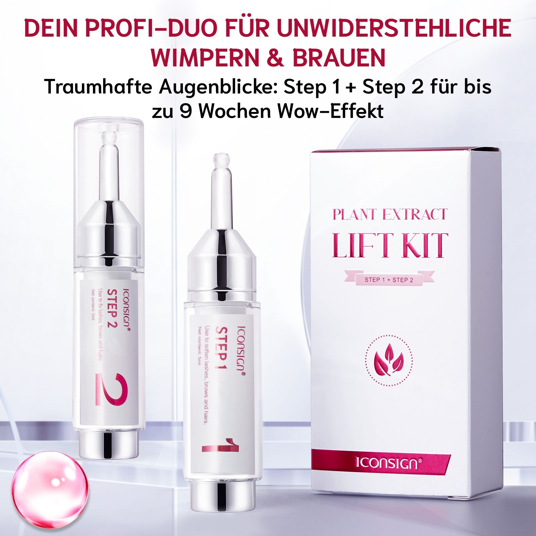 Zwei Flaschen und eine Box. Auf den Flaschen steht Step 1 und Step 2. Auf der Box steht Plant Extract Lift Kit.
