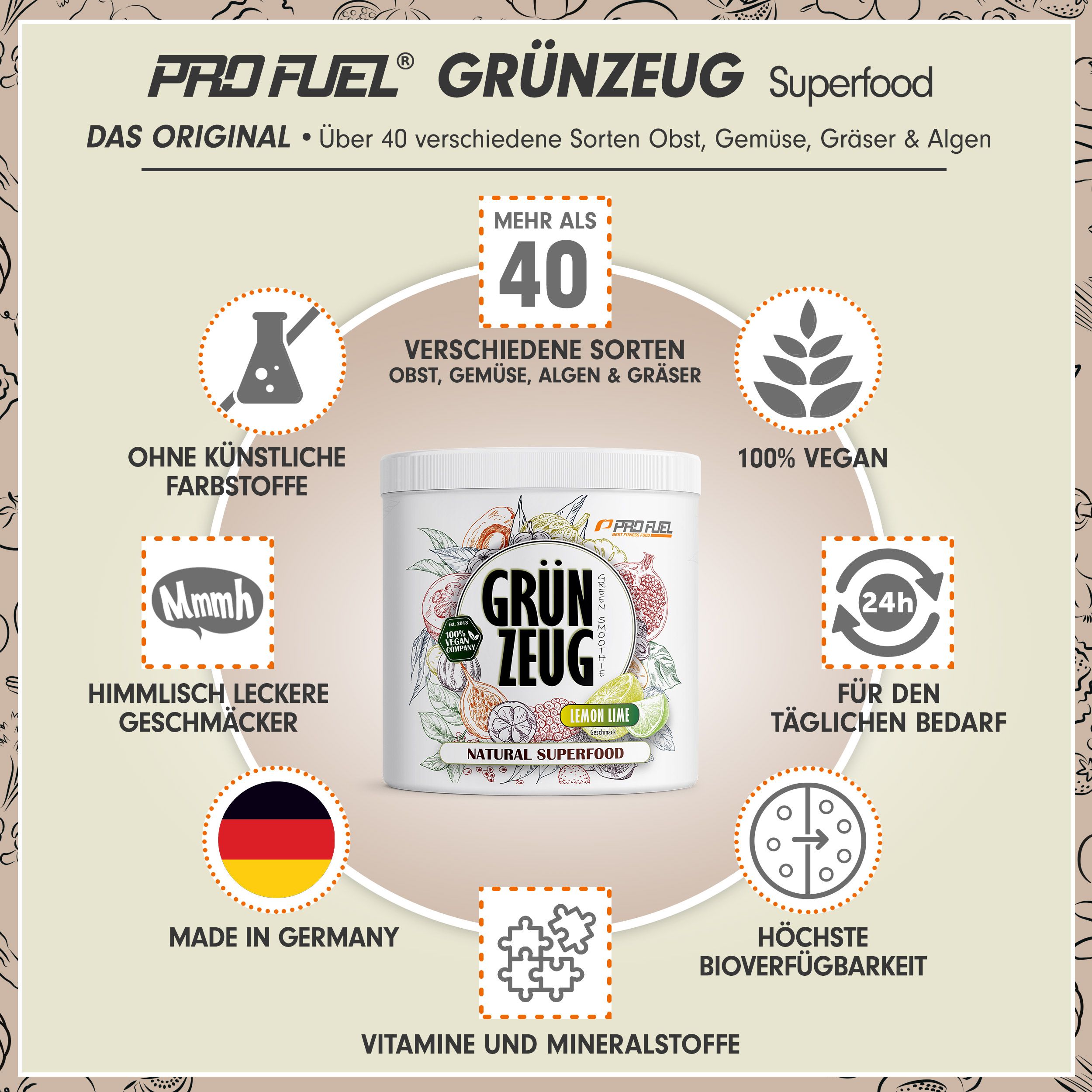 ProFuel - Grünzeug Superfood Drink natürliche Vitamine, Mineralstoffe und sekundäre Pflanzenstoffe 300 g Pulver