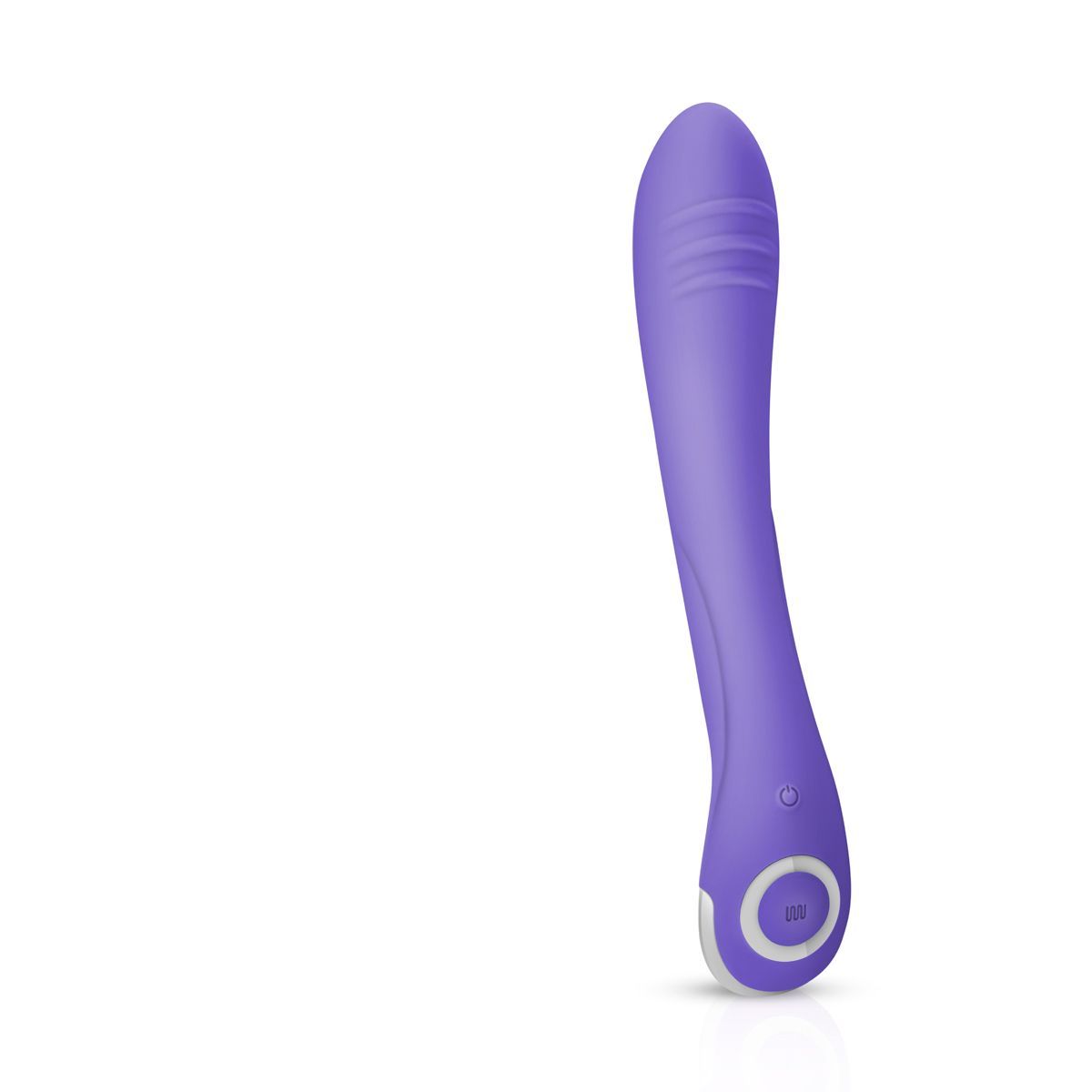 Lila Vibrator mit abgerundeter Spitze und Bedienfeld. Drei Rillen am Schaft.