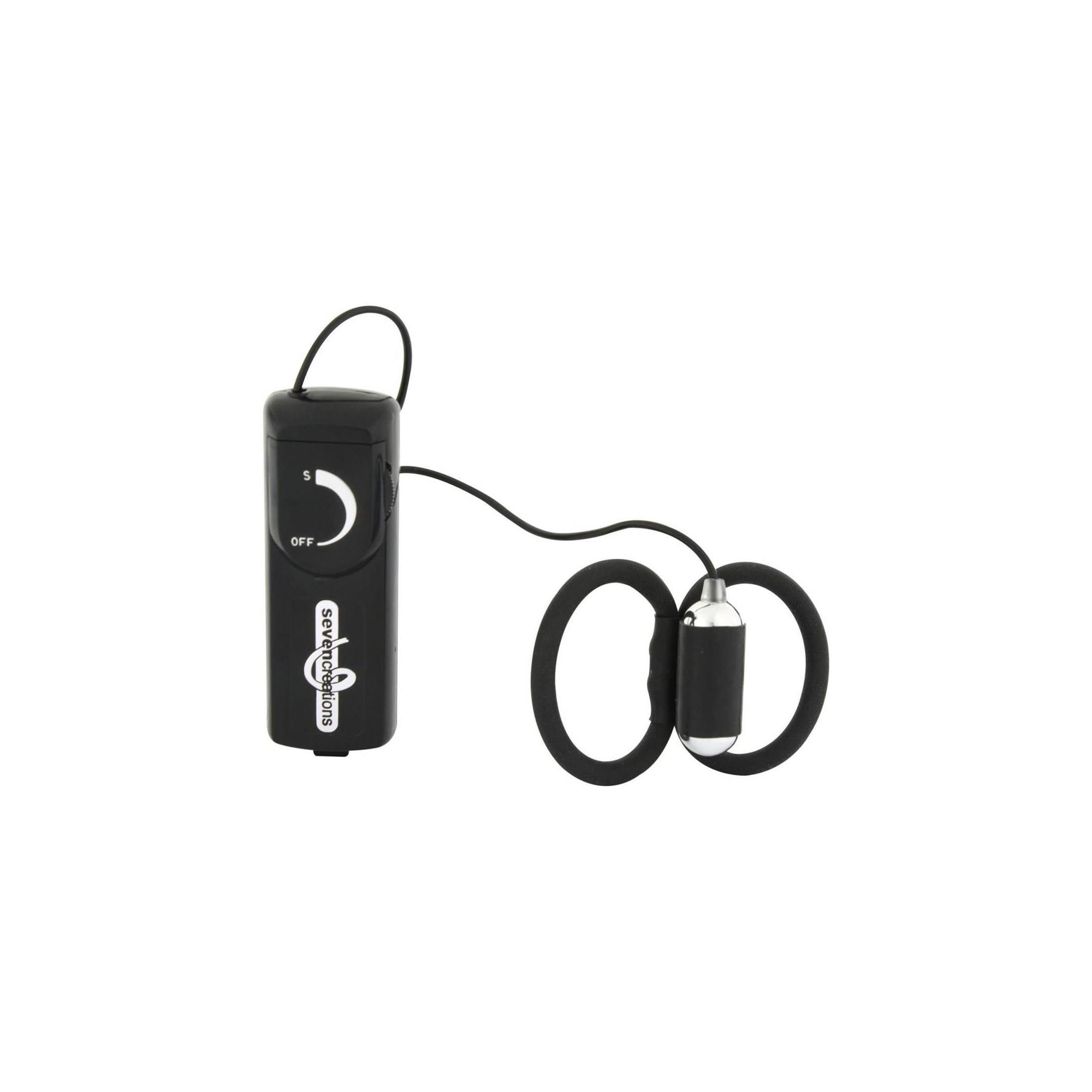 Schwarzes Cock&Ball Ring-Set mit Vibrationsfunktion. Besteht aus zwei Ringen, einem Vibrator und einer Steuerung mit Ein/Aus-Schalter.