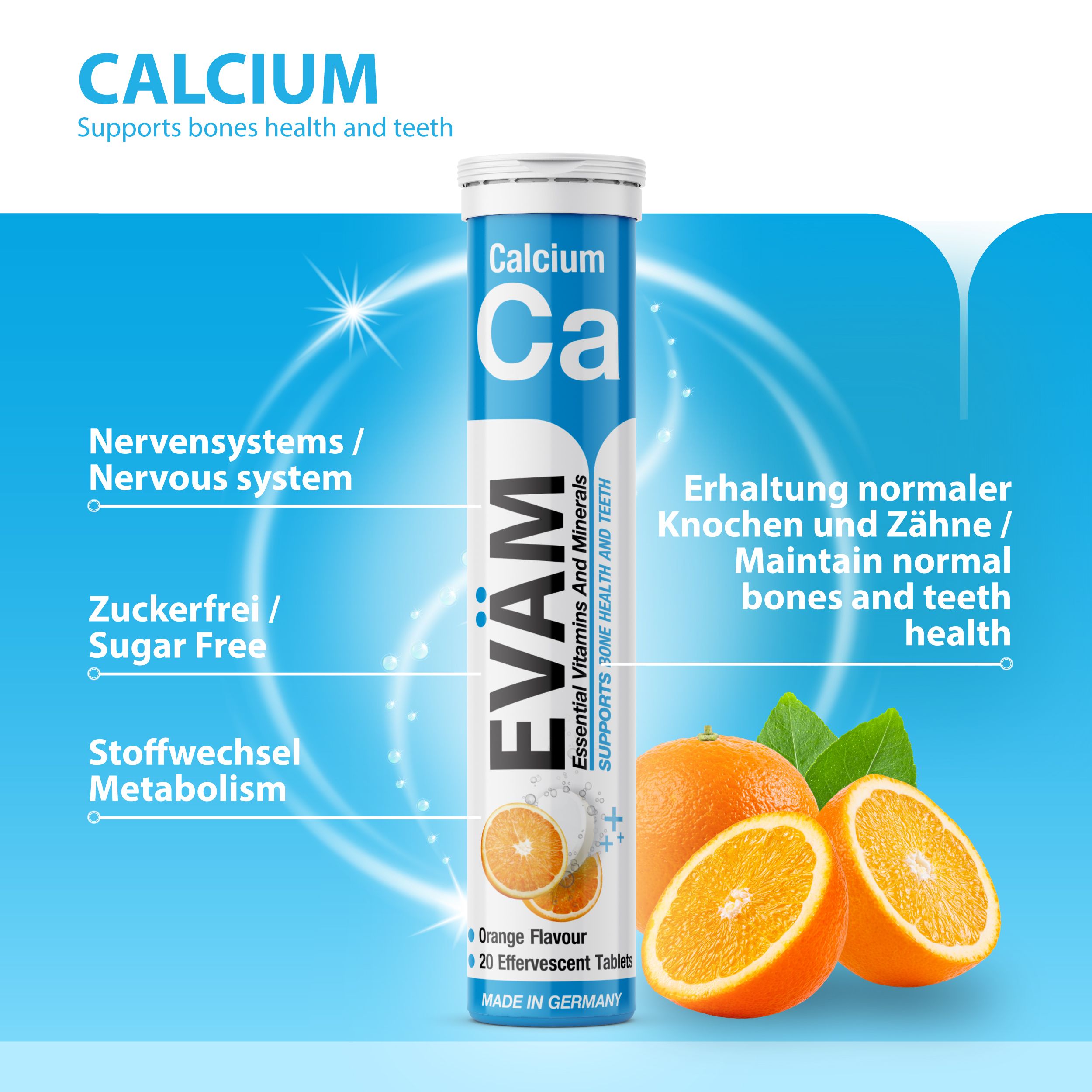 EVÄM Calcium-Tube mit Orangen und Blättern. Enthält 20 Brausetabletten. Vegan, glutenfrei, laktosefrei, zuckerfrei. Unterstützt Knochen- und Zahngesundheit.