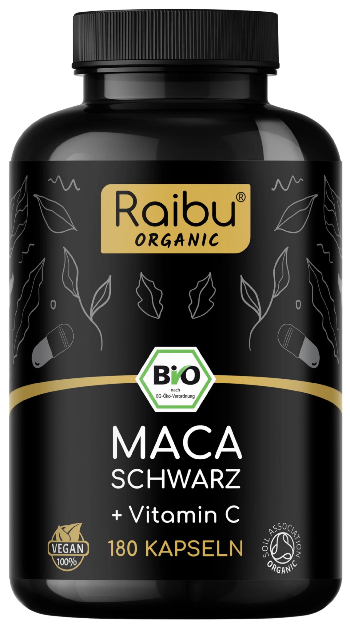 Schwarze Flasche mit Kapseln. Aufschrift: Raibu Organic, Bio, 180 Kapseln, Vegan.