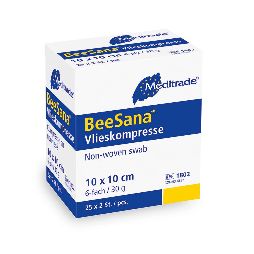 Verpackung von BeeSana Vlieskompresse. Weiße Box mit blauen und gelben Akzenten. Produktname und Größe 10x10 cm deutlich sichtbar.