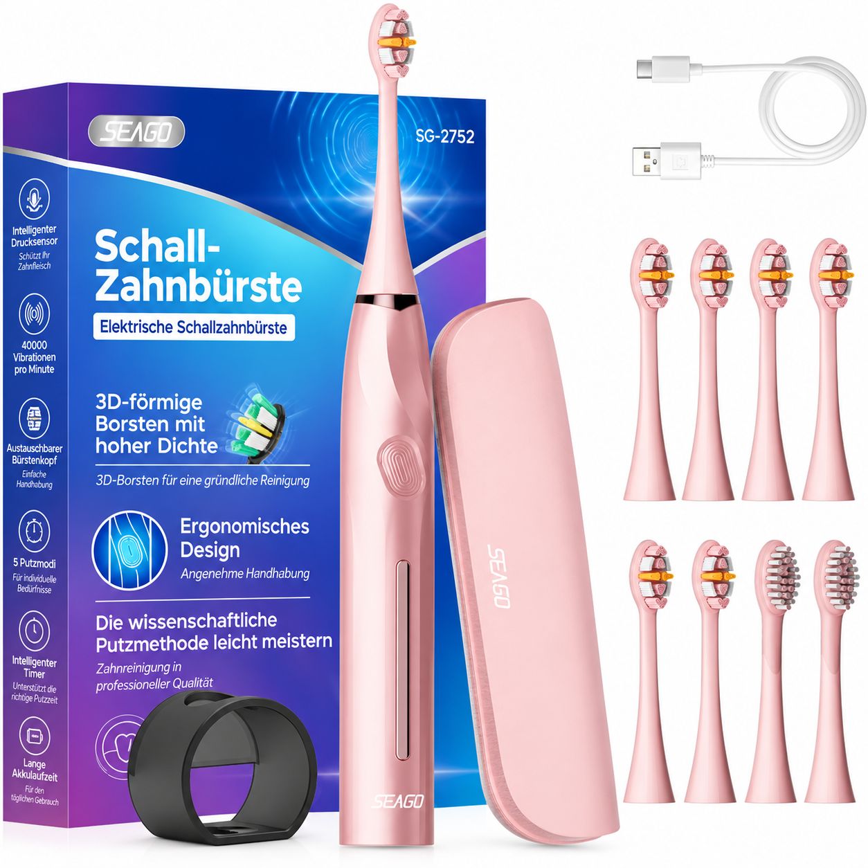 Rosafarbene Schallzahnbürste mit 8 Aufsteckbürsten, Ladecase und USB-Kabel. Marke SEAGO.