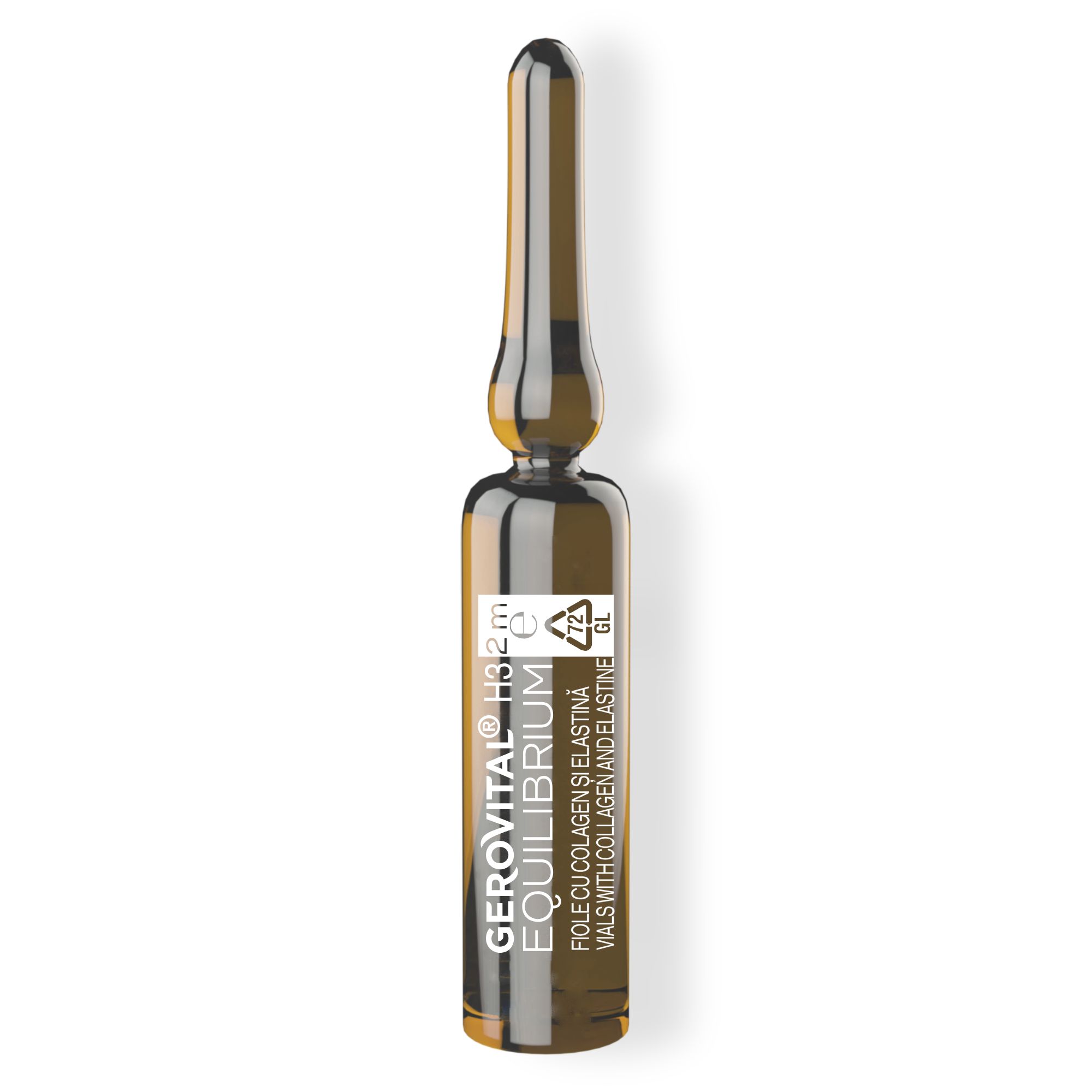 Braune Ampulle mit Produktinformationen. Text: Gerovital, Equilibrium, Vials with Collagen and Elastine. Aufschrift: 72 GL.