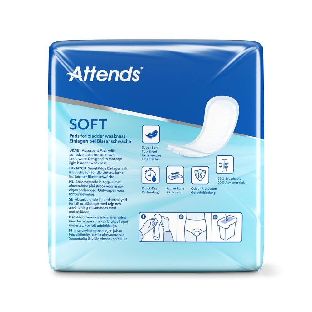 Rückseite der Attends Soft 3 Extra Packung. Blaue Verpackung mit Produktinformationen und Piktogrammen. Für Blasenschwäche.