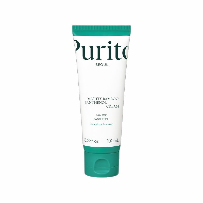 Creme-Tube. Weiß mit grünem Deckel. Text: PURITO, Mighty Bamboo Panthenol Cream. 100ml.