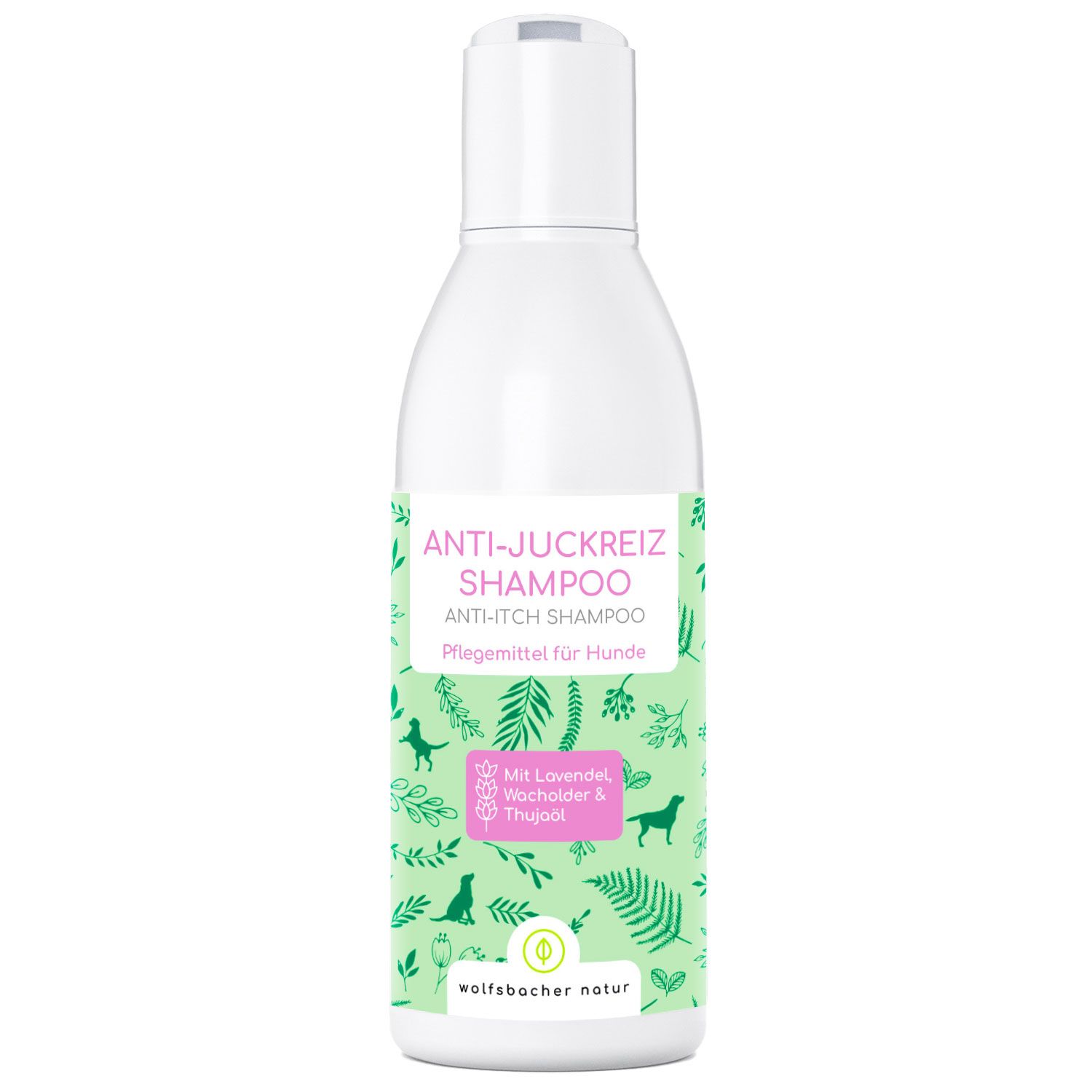Weiße Flasche mit grünem Etikett. Text: Anti-Juckreiz Shampoo, Anti-Itch Shampoo. Pflege für Hunde. Mit Lavendel, Wacholder & Thujaöl.