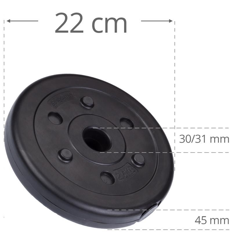 Schwarze Hantelscheibe mit Maßangaben: 22 cm Durchmesser, 4,5 cm Dicke. Aufschrift "2.5 KG".