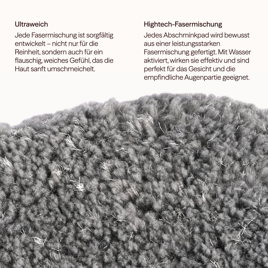 Nahaufnahme eines grauen Abschminkpads. Text: Ultraweich, Hightech-Fasermischung.