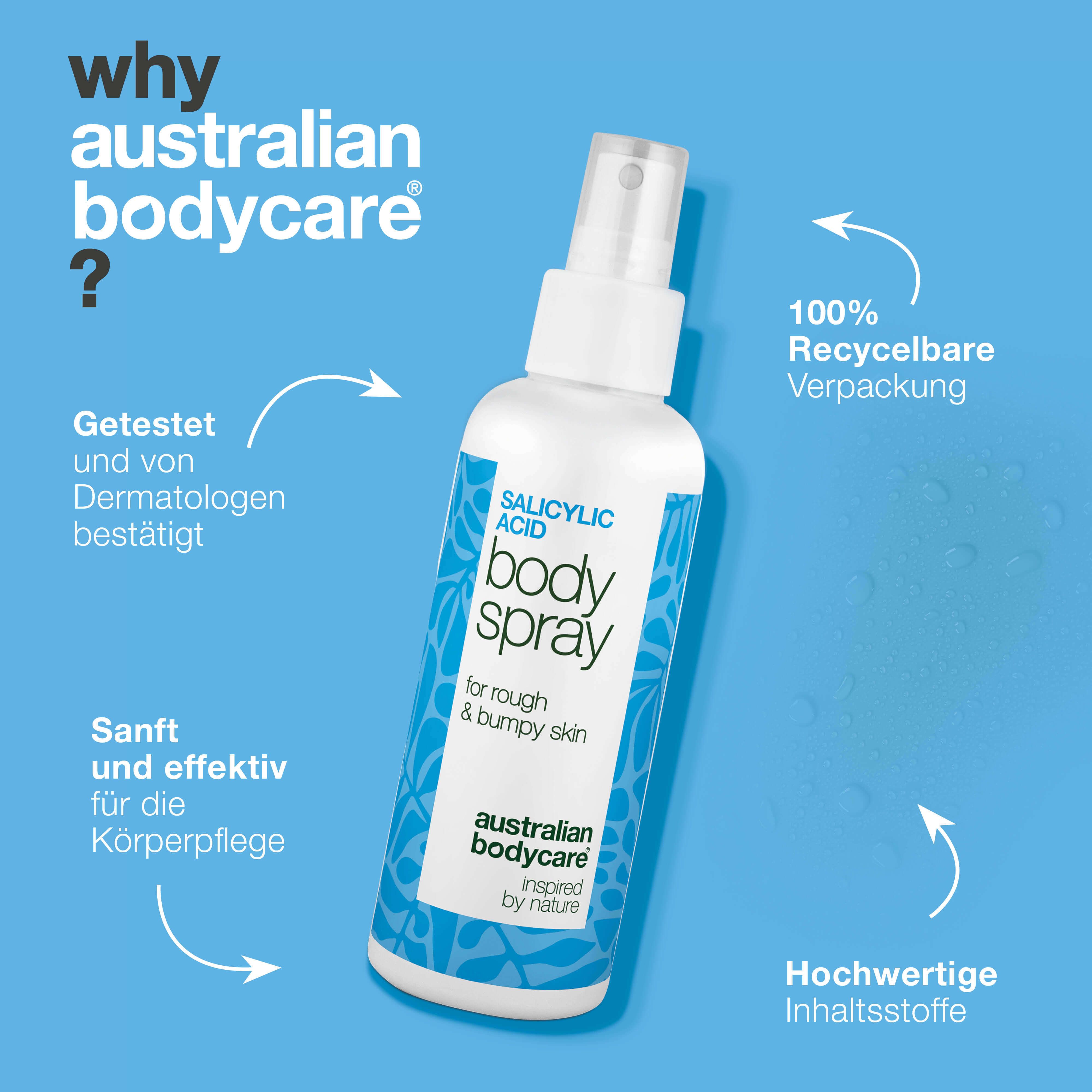 Produkt neben Text und Pfeilen. Text: Warum Australian Bodycare? Produkt: Salicylsäure Body Spray.