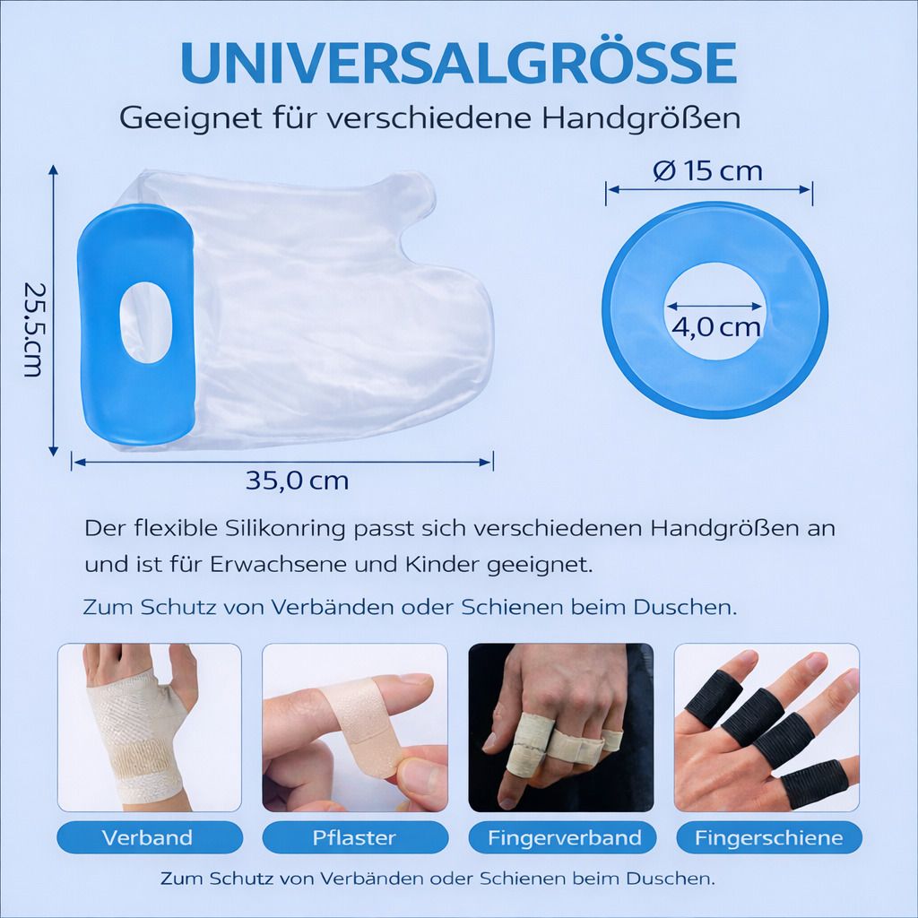 Transparente Hand-Duschschutzhülle mit blauem Silikonring. Maße: 35,0 cm x 25,5 cm. Ring: Ø 15 cm, Loch: Ø 4,0 cm. Geeignet für Erwachsene und Kinder.