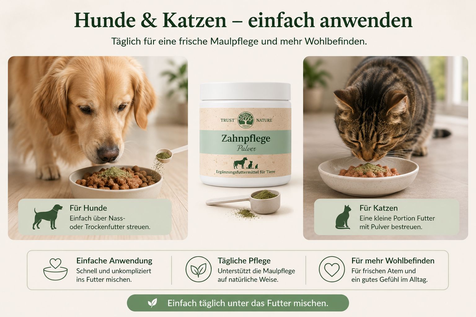 Hund und Katze fressen aus Näpfen mit Trust Nature Zahnpflege Pulver.