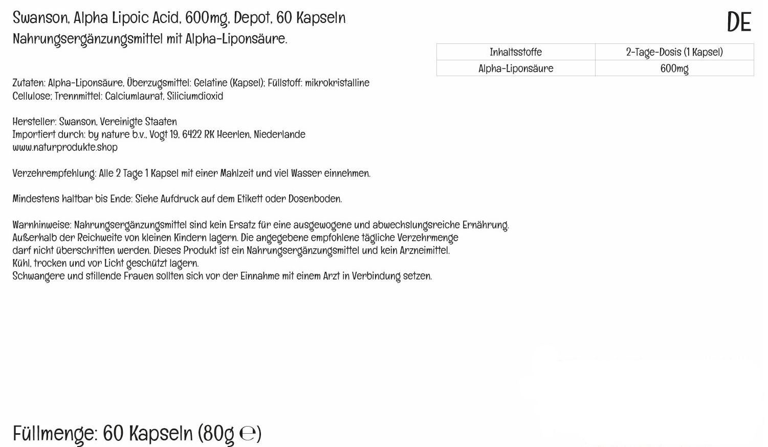 Weißes Etikett mit Text in deutscher Sprache. Enthält Informationen zu Swanson Alpha-Liponsäure-Kapseln.