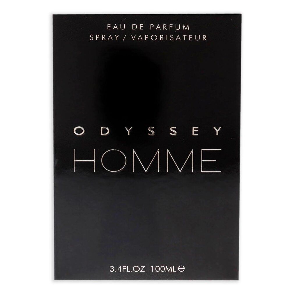 Schwarze Verpackung. Aufschrift: Odyssey Homme Eau de Parfum. Text und Logo. 3.4 fl.oz 100ml.