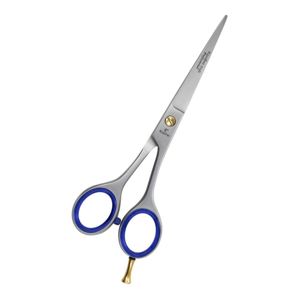 Friseurschere mit silbernen Klingen, blauen Gummigriffen und goldenem Akzent. Aufschrift: 6" Rostfrei.
