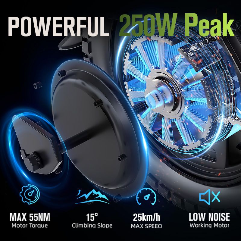 E-Bike-Motor mit 250W Peak. Merkmale: Max. 55NM Motordrehmoment, 15° Steigung, 25km/h max. Geschwindigkeit, geräuscharm.