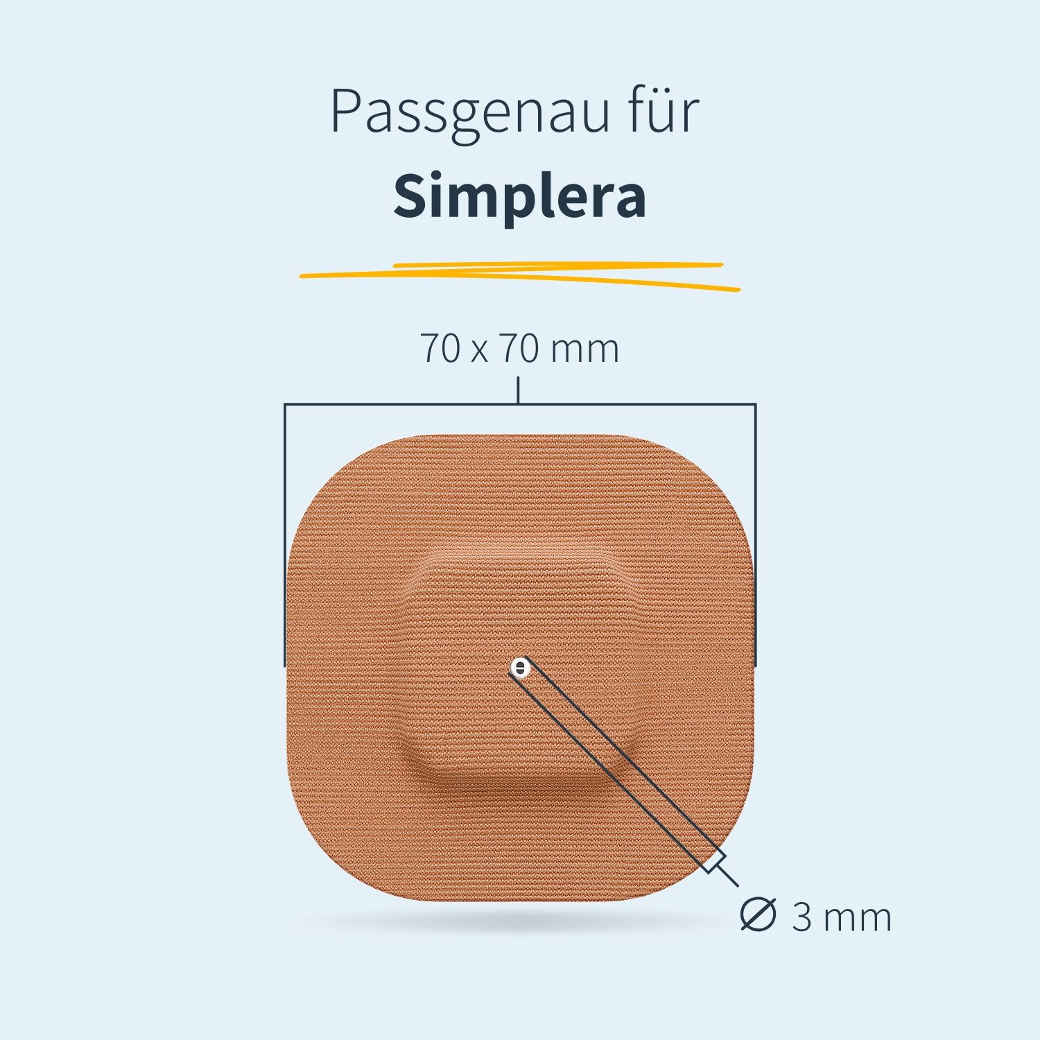 Beiges quadratisches Pflaster mit abgerundeten Ecken. Abmessungen: 70 x 70 mm. Durchmesser des Lochs: 3 mm. Text: Passgenau für Simplera.