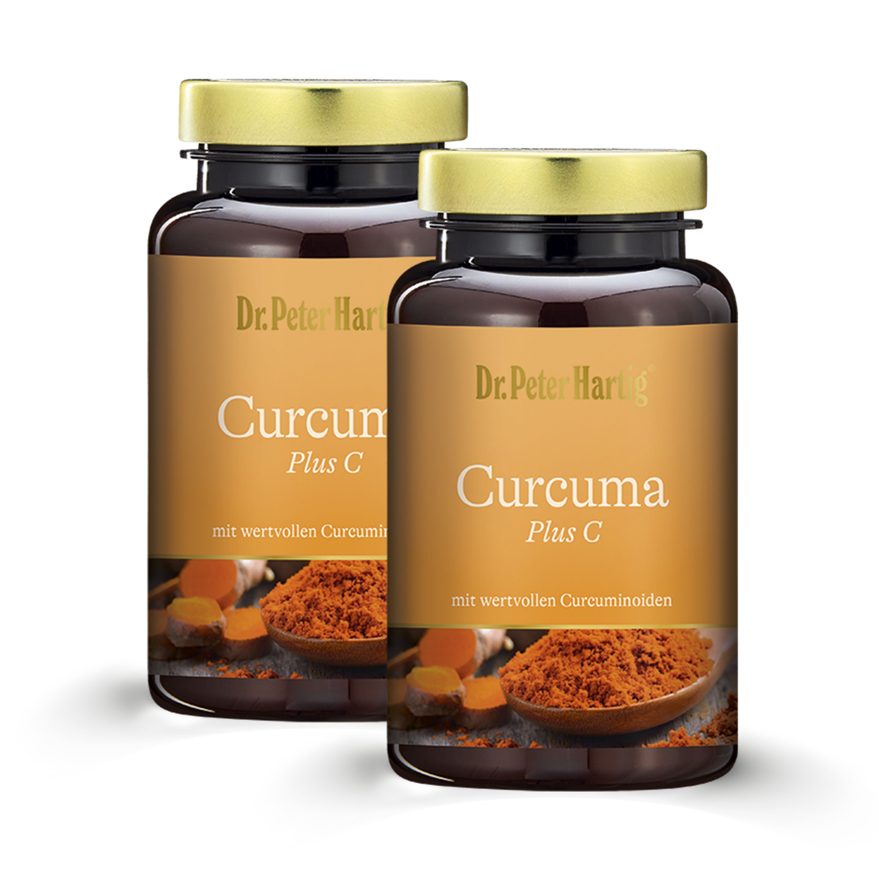 Zwei Flaschen Dr. Peter Hartig Curcuma Plus C. Braune Flaschen mit goldenen Deckeln und Etiketten mit Produktinformationen.