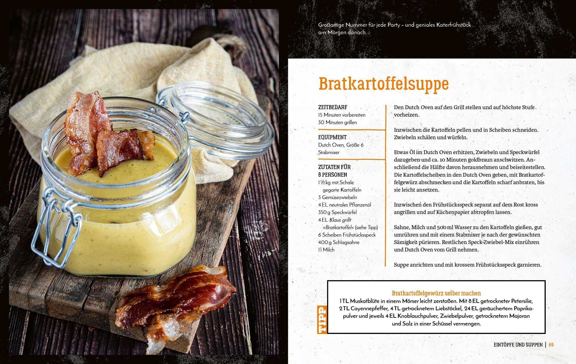 Buchseite mit Rezept. Bratkartoffelsuppe. Glas mit Suppe und Speck. Text in Deutsch.