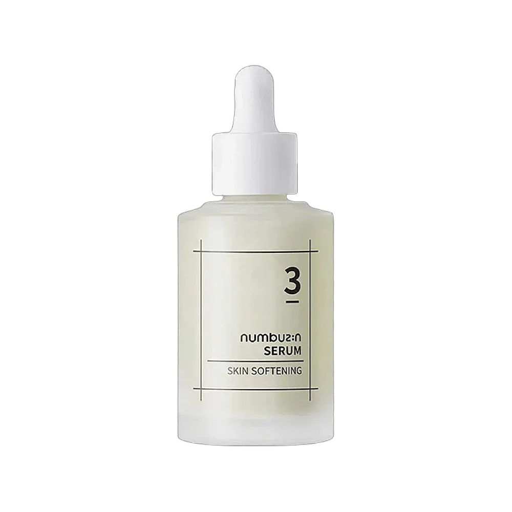 Serumflasche mit weißem Deckel und Aufschrift. Text: numbu:z:n, 3, SKIN SOFTENING.