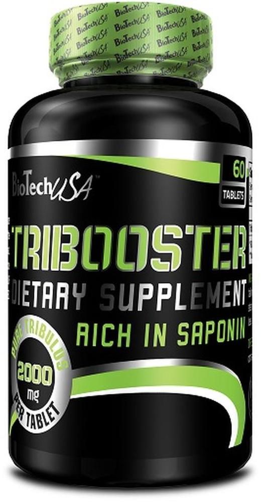 Schwarze Flasche mit grünem Etikett. Aufschrift: Tribooster, Dietary Supplement, Rich in Saponin. 60 Tabletten. Marke: BioTechUSA.