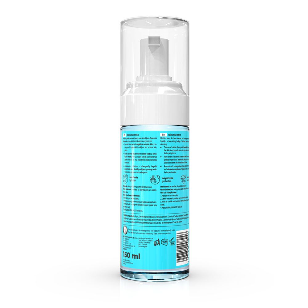 Rückseite der APIS HIMALAYAN Wasser Flasche. Blaue Beschriftung mit Text und Symbolen. Unten: 150 ml.