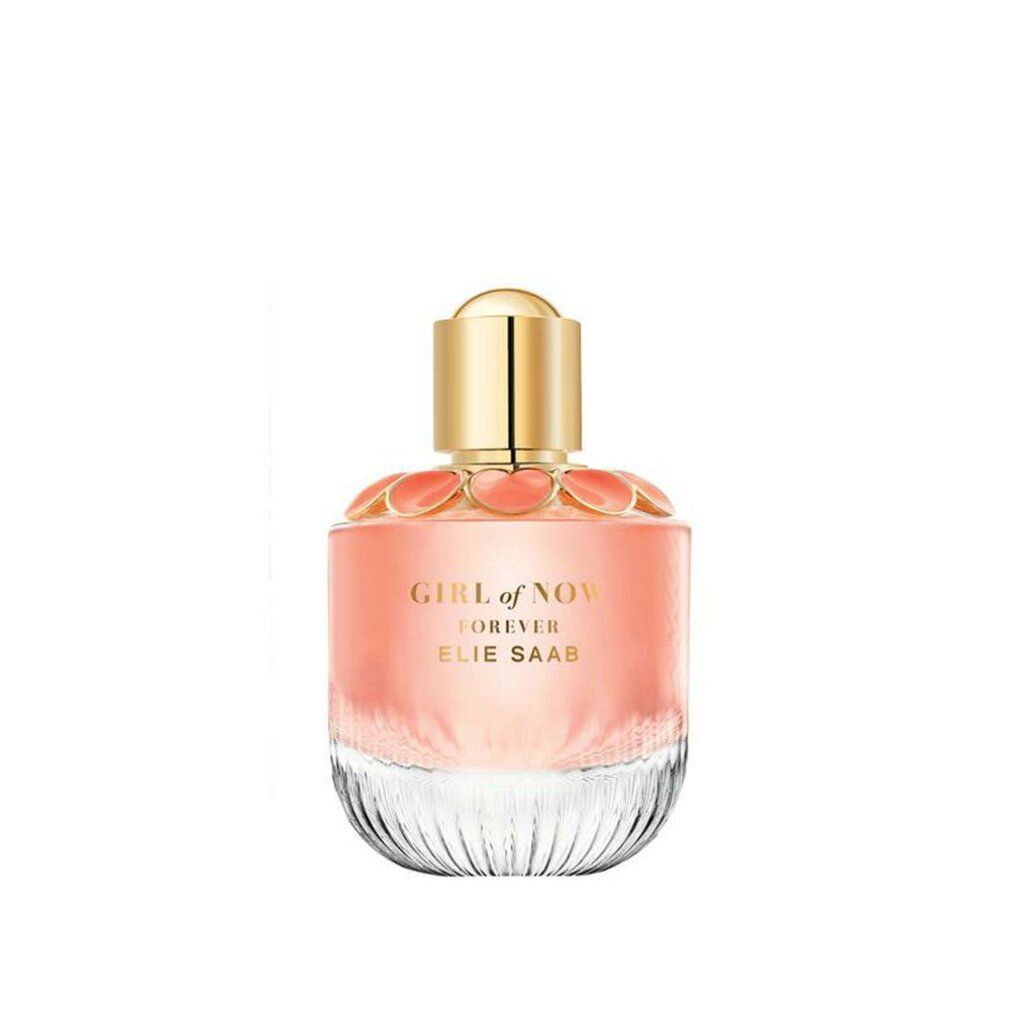 Parfümflakon mit rosa Flüssigkeit, goldfarbenem Verschluss und floralem Design. Schriftzug: GIRL OF NOW FOREVER ELIE SAAB.