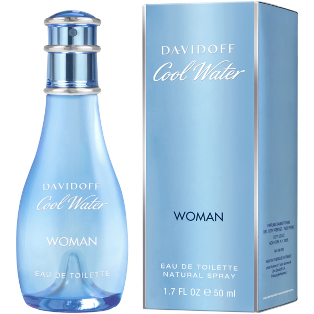 Hellblaue Flasche und Schachtel. Aufschrift: DAVIDOFF Cool Water WOMAN. Flasche mit Zerstäuber. Schachtel mit Produktinformationen.