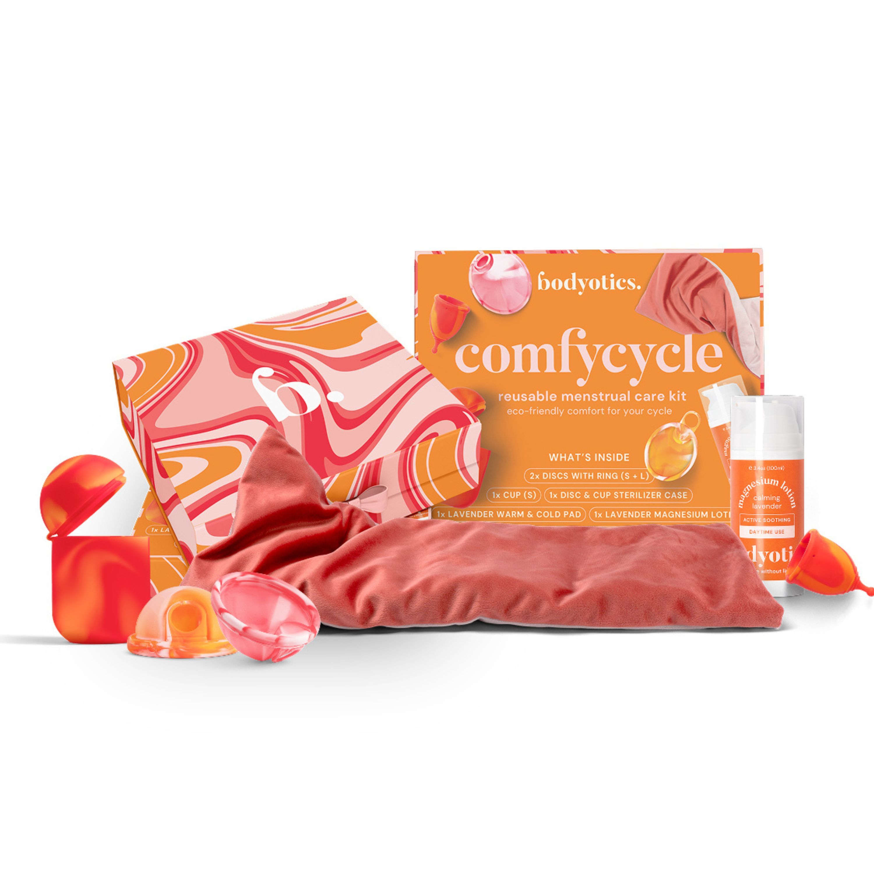 Bodyotics Comfycycle wiederverwendbares Menstruationspflege-Set mit Wärmflasche, Beutel und Zubehör.