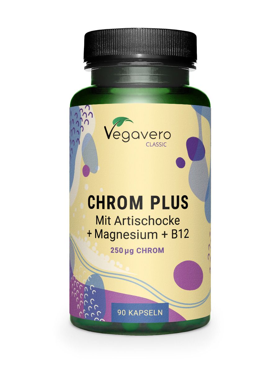 Grüne Flasche mit schwarzen Deckel. Aufschrift: CHROM PLUS, Mit Artischocke + Magnesium + B12, 90 Kapseln. Marke: Vegavaro Classic.
