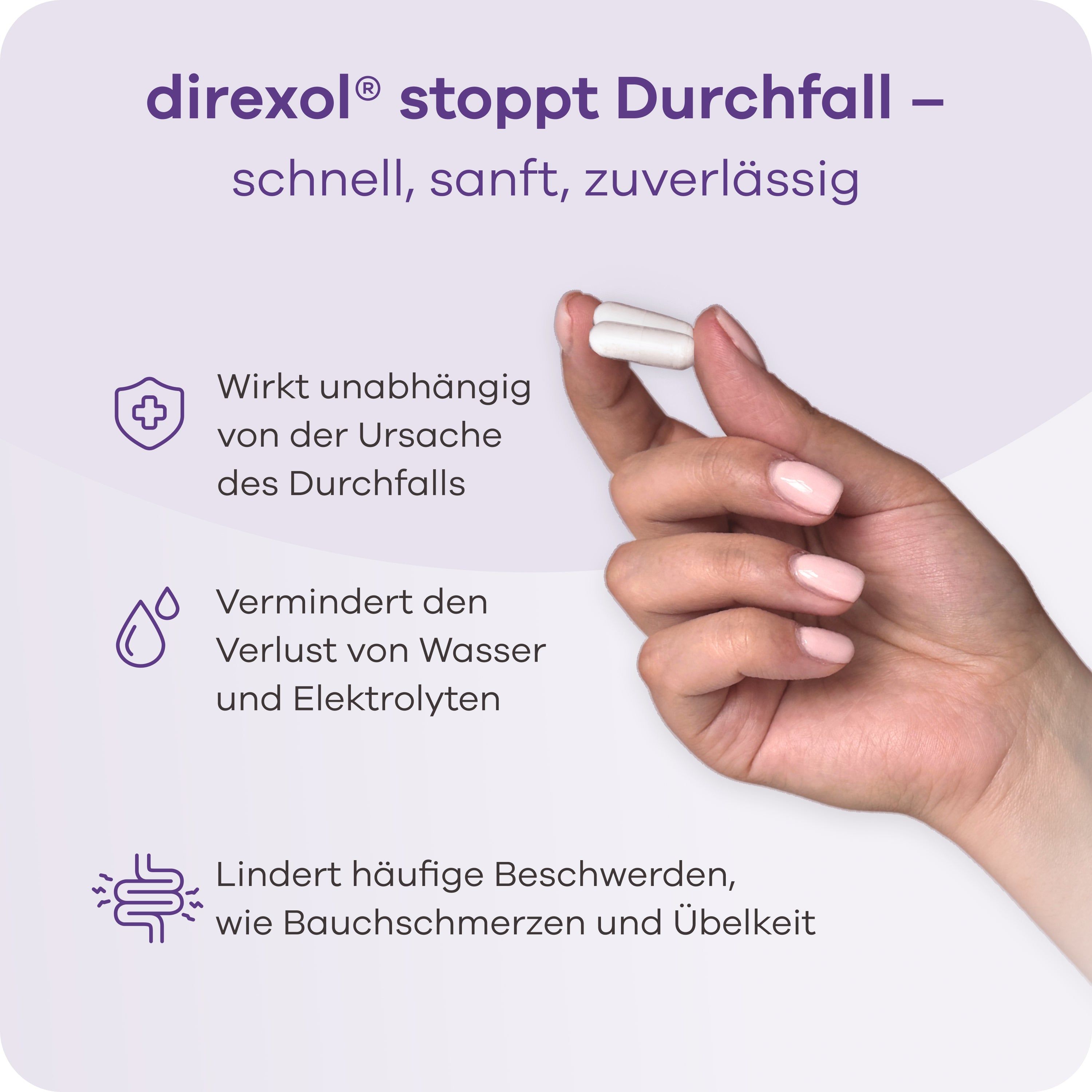 Eine Hand hält zwei weiße Kapseln. Text erklärt Wirkung gegen Durchfall.