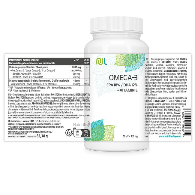 Weiße Flasche mit Kapseln. Aufschrift: Omega-3, EPA 18% / DHA 12% + Vitamin E. Etikett mit Nährwertangaben. 60-300 mg.