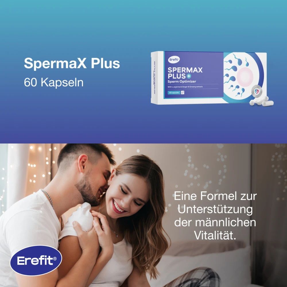 Produktverpackung von Erefit SpermaX Plus mit 60 Kapseln. Paar im Hintergrund. Text: Eine Formel zur Unterstützung der männlichen Vitalität.